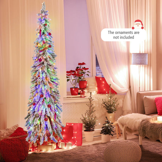 Goplus 6ft Pre-Lit Flocked Christmas Tree, Artificial Slim Pencil Xmas Tree with 250 LED Lights
