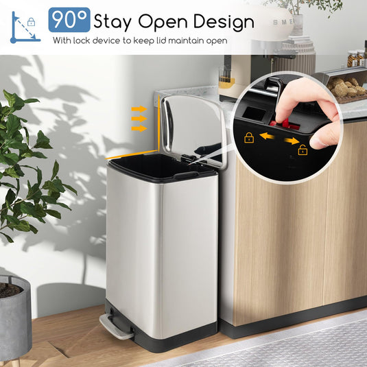 Goplus 13.2 Gallon/ 50 Liter Trash Can, Stainless Steel Garbage Can with Lock Device & Foot Pedal, Stay Open Trash Bin w/Soft Closing Lid