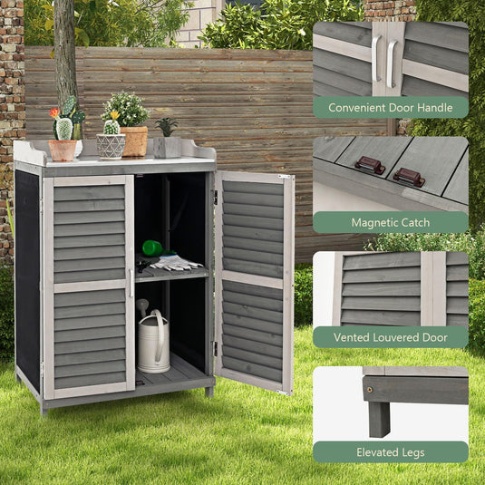 Goplus Outdoor Potting Bench Table, Garden Storage Cabinet w/Metal Tabletop