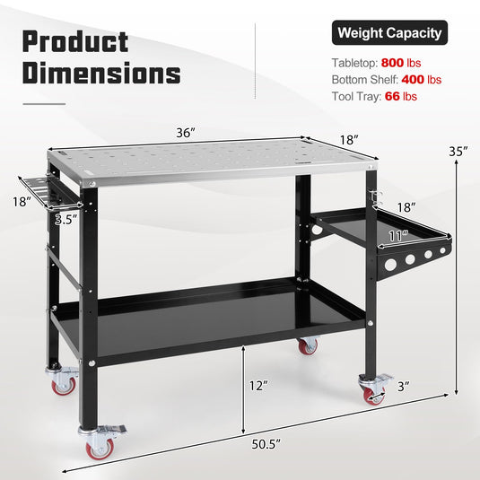 Goplus 36” x 18” Rolling Welding Table, 1200 lbs Welding Workbench on Wheels w/Tool Rack & Tray