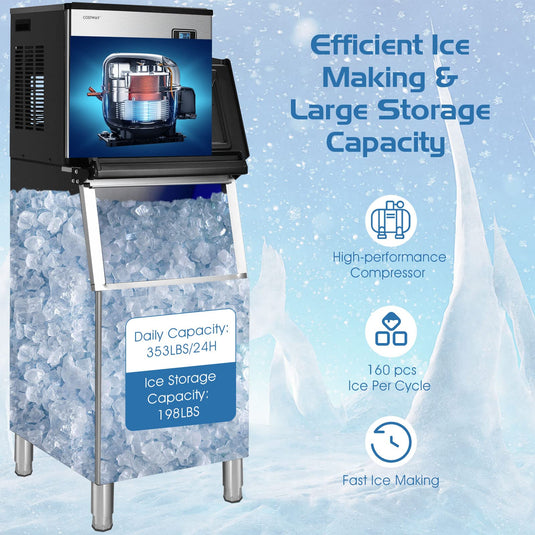 Split Commercial Ice Machine, 353LBS/24H Full-Automatic Vertical Industrial Modular Maker with 198 LBS Large Storage Bin