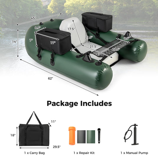 Goplus Inflatable Float Tube, Fishing Belly Boat with Fish Ruler, 2 Detachable Storage Bags, Pump, Carry Bag