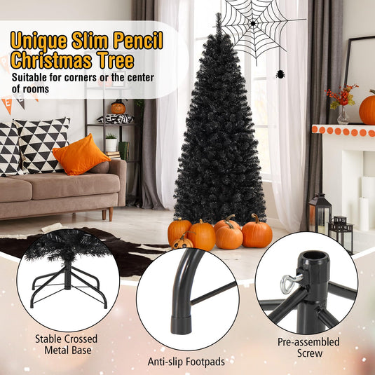 Goplus Black Pencil Christmas Tree, Pre-lit Artificial Halloween Tree