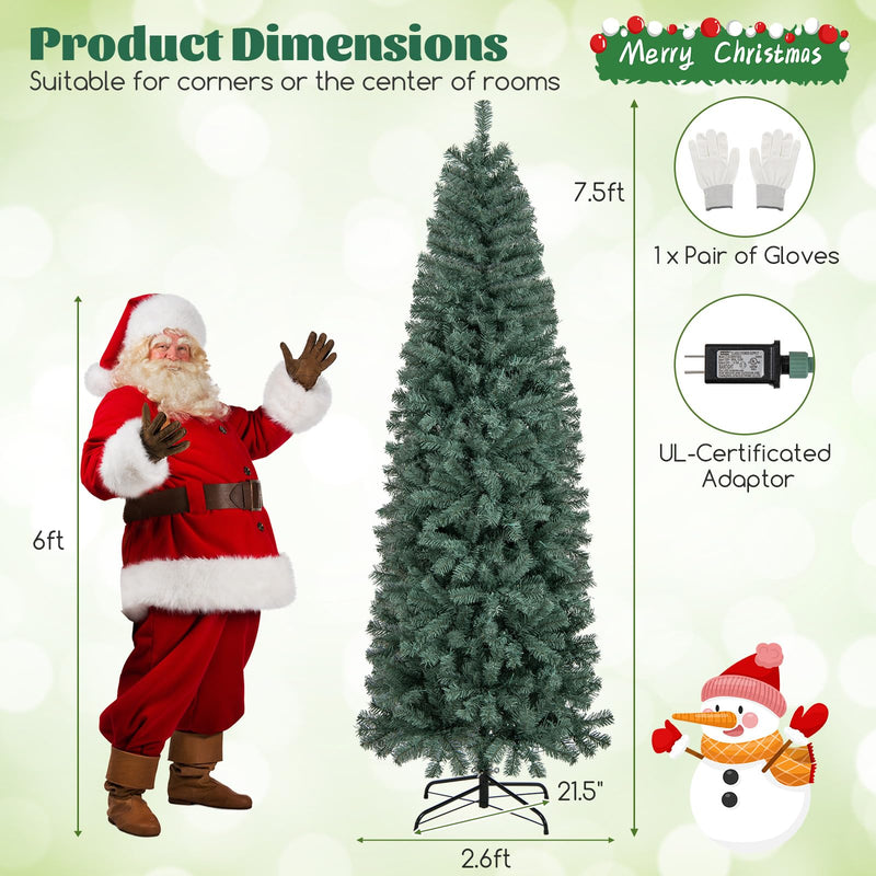 Load image into Gallery viewer, Goplus 7.5ft Pre-Lit Blue Slim Pencil Christmas Tree with 250 Warm White &amp; Multicolored LED Lights, 9 Modes, 724 Branch Tips
