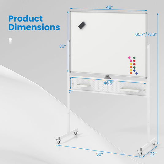 Goplus Rolling Whiteboard, 48” x 36” Height Adjustable Dry Erase Board with Pegboard, Hooks & Trays, Magnets