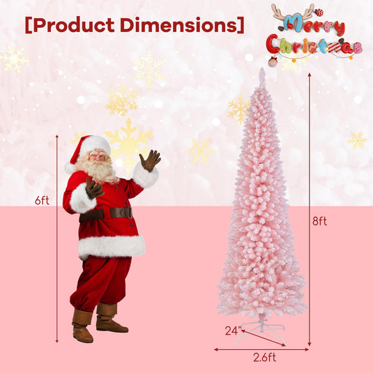 Goplus 8ft Pink Slim Pencil Christmas Tree, Artificial Unlit Skinny Xmas Full Tree with 1000 Branch Tips