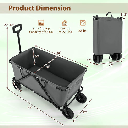 Goplus Collapsible Foldable Wagon, Heavy-Duty Wagon Cart w/Adjustable Handlebar, Bottle Holders & Storage Pocket