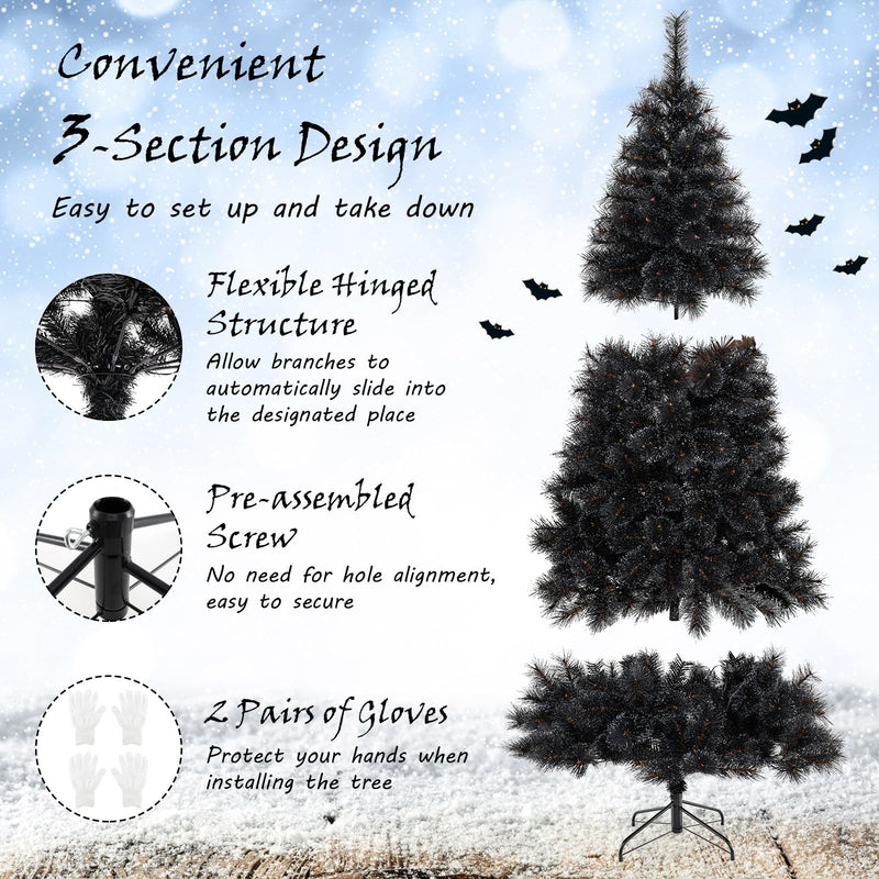 Load image into Gallery viewer, Goplus 6/7/8 ft Pre-Lit Black Halloween Christmas Tree, Artificial Hinged Xmas Full Tree with 362/572/860 Pine Needles &amp; PVC Branch Tips
