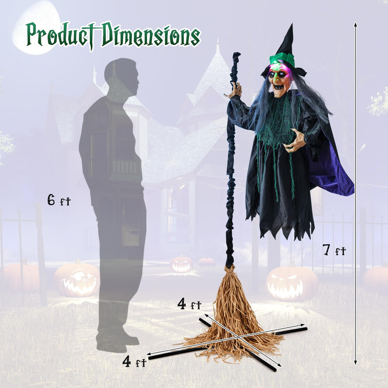 Load image into Gallery viewer, Goplus Witch with Broomstick Halloween Animatronic, Life Size Animated Halloween Prop with Laughing and Screaming Sound
