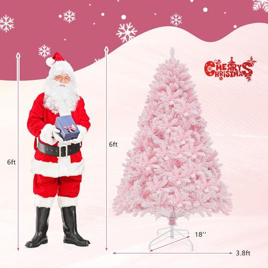 Goplus 6FT Pink Pre-lit Christmas Tree, Hinged Snow Flocked Artificial ...