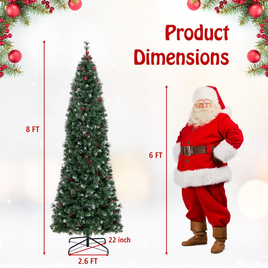 Goplus 9ft Pre-Lit Pencil Christmas Tree, Artificial Hinged Slim Xmas Tree with 500 Warm-White LED Lights