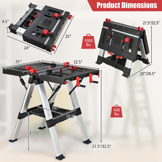 Goplus Portable Workbench, Folding Work Table & Sawhorse with Adjustable Height, 440LBS Capacity