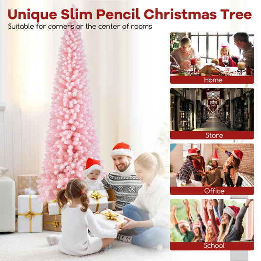 Goplus 8ft Pink Slim Pencil Christmas Tree, Artificial Unlit Skinny Xmas Full Tree with 1000 Branch Tips