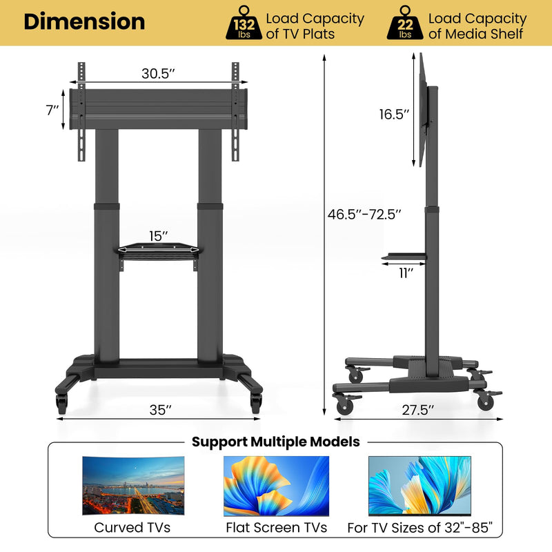 Load image into Gallery viewer, Goplus Rolling TV Stand for 32&quot;-85&quot; Flat Curved LED/LCD/OLED TVs up to 132 LBS, Mobile Floor TV Trolley Max VESA 400 x 700 mm
