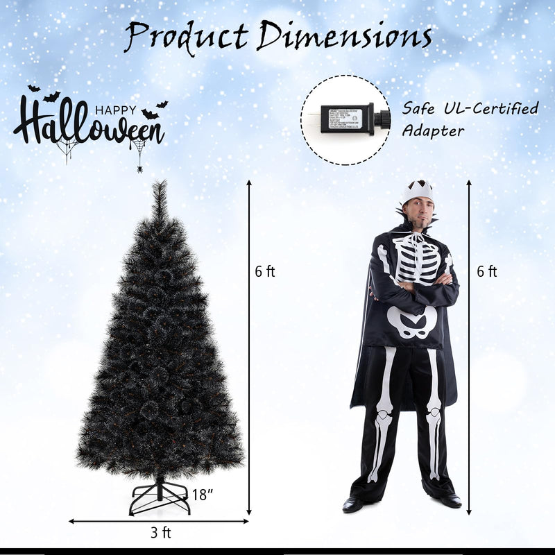 Load image into Gallery viewer, Goplus 6/7/8 ft Pre-Lit Black Halloween Christmas Tree, Artificial Hinged Xmas Full Tree with 362/572/860 Pine Needles &amp; PVC Branch Tips
