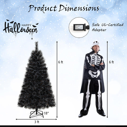 Goplus 6/7/8 ft Pre-Lit Black Halloween Christmas Tree, Artificial Hinged Xmas Full Tree with 362/572/860 Pine Needles & PVC Branch Tips