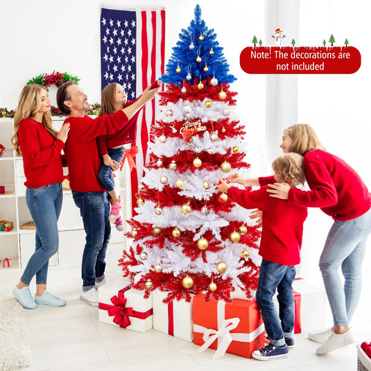 Goplus 7.5 FT Pre-Lit Patriotic Artificial Christmas Tree, Flag-Themed Hinged Xmas Tree with 480 Warm White LED Lights