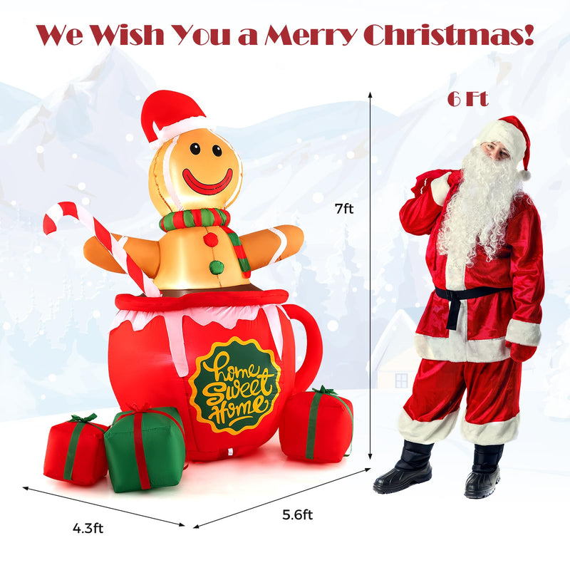 Load image into Gallery viewer, Goplus 7 Ft Christmas Inflatable, Blow up Pre-Lit Gingerbread Man in Mug with Gift Boxes &amp; Candy Cane
