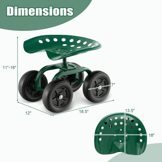 Goplus Garden Cart with Wheels, Utility Stool Cart w/Adjustable 360 Degree Swivel Seat