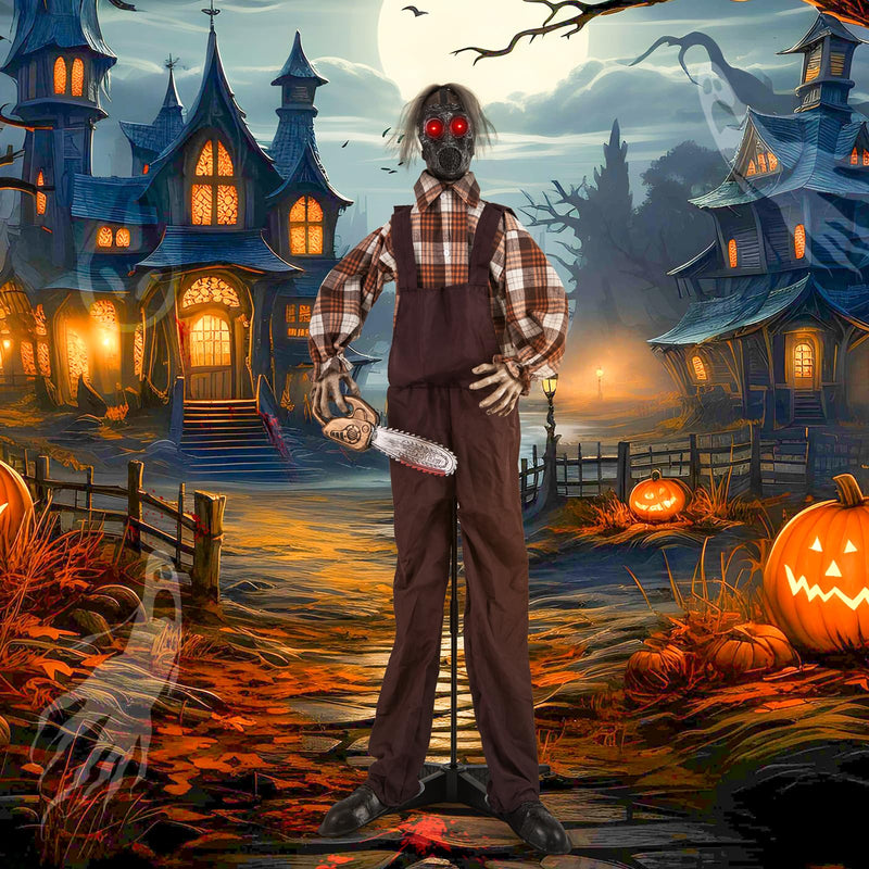 Load image into Gallery viewer, Goplus Halloween Animatronic Chainsaw Man, Halloween Prop with Gas Mask, Chainsaws, Red Light Up Eyes
