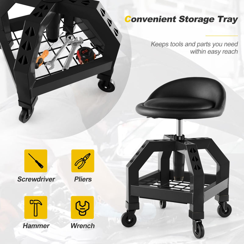 Load image into Gallery viewer, Goplus Mechanic Stool with Wheels, Adjustable Height Swivel Shop Stool Roller Seat with Tool Tray
