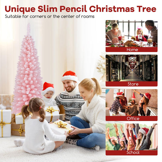 Goplus 5ft Pink Slim Pencil Christmas Tree, Artificial Unlit Skinny Xmas Full Tree with 328 Branch Tips