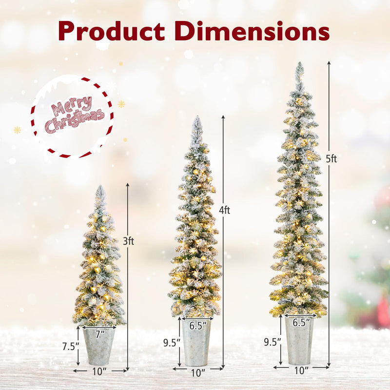 Load image into Gallery viewer, Goplus 3&#39; 4&#39; 5&#39; Pre-Lit Snow Flocked Christmas Tree Set of 3, Slim Pencil Artificial Potted Xmas Trees with 423 Branch Tips
