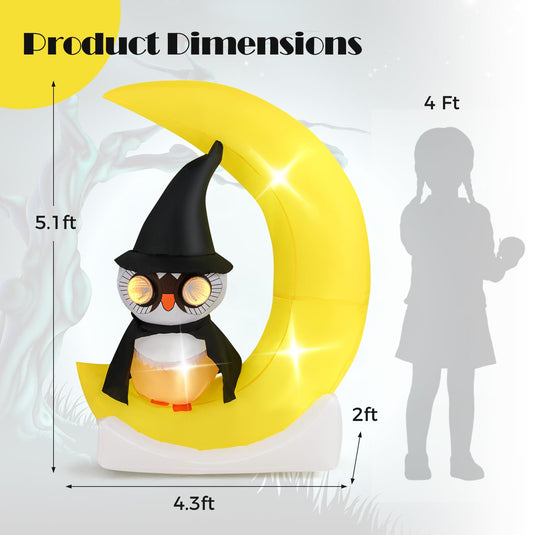 Goplus 5.1 Ft Halloween Inflatables, Pre-Lit Owl on The Moon with Witch Hat