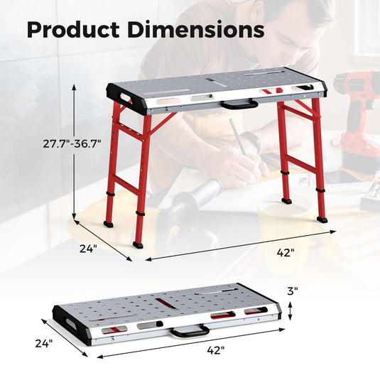 Goplus Welding Table 42" x 21", Folding Height Adjustable Weld Workbench with 1000 LBS Capacity, 2 Bar Clamps, 8 Tool Slots