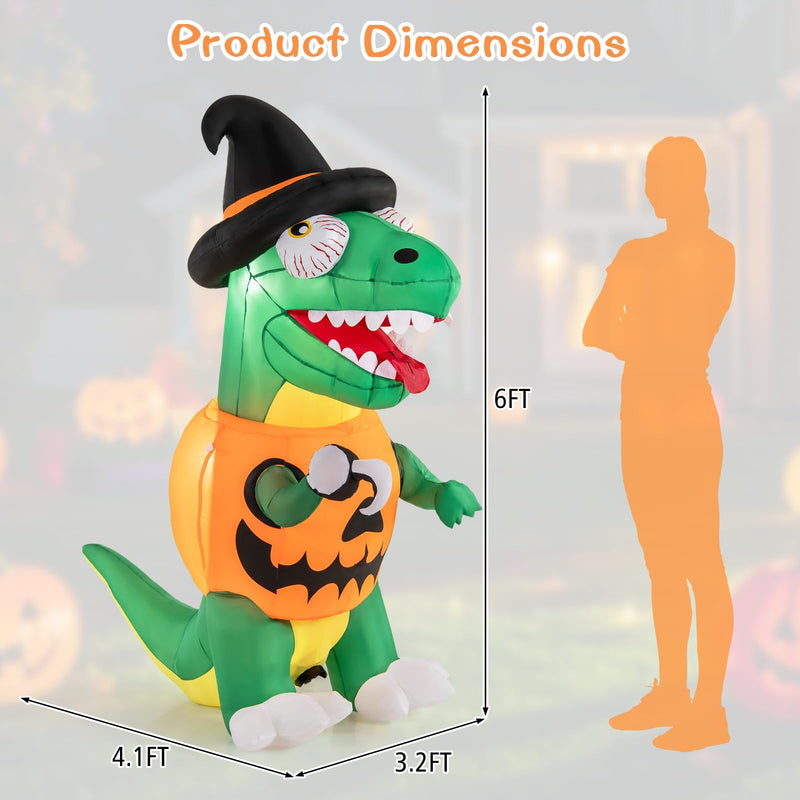 Load image into Gallery viewer, Goplus 6 FT Inflatable Pumpkin Dinosaur, Blow up Yard Decoration with Built-in LED Lights &amp; Witch Hat
