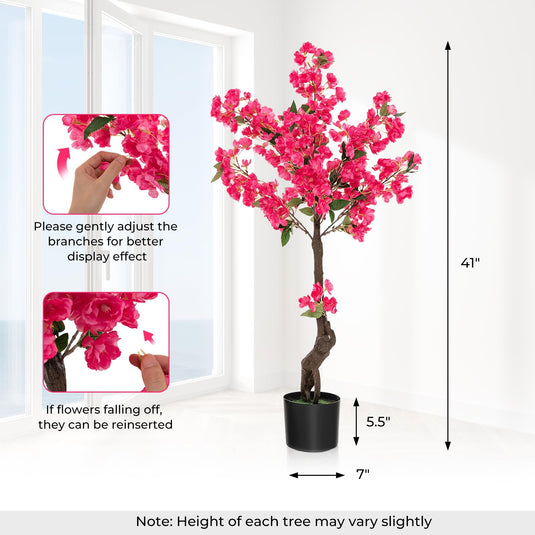 Goplus 41” Artificial Plum Blossom Tree, Fake Floral Plant with 92 Flowers & Realistic Trunk in Plastic Nursery Pot