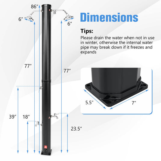 Goplus 7.2 FT Solar Heated Shower, Outdoor Shower with Dual Swivel Shower Heads & 2 Foot Showers