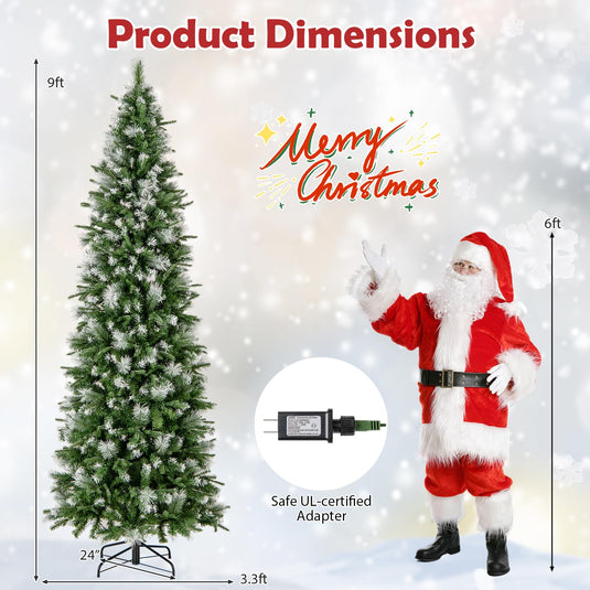 Goplus 9ft Pre-Lit Pencil Christmas Tree, Artificial Hinged Xmas Tree with 1228 Flocked Frosted Tips