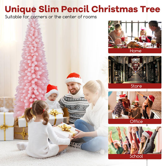 Goplus 7ft Pink Slim Pencil Christmas Tree, Artificial Unlit Skinny Xmas Full Tree with 635 Branch Tips