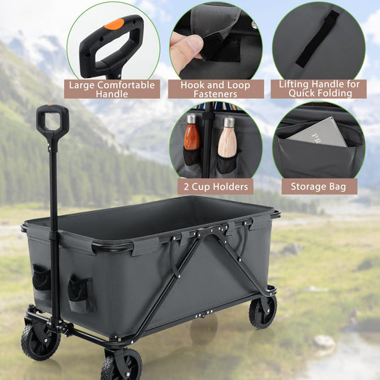 Goplus Collapsible Foldable Wagon, Heavy-Duty Wagon Cart w/Adjustable Handlebar, Bottle Holders & Storage Pocket