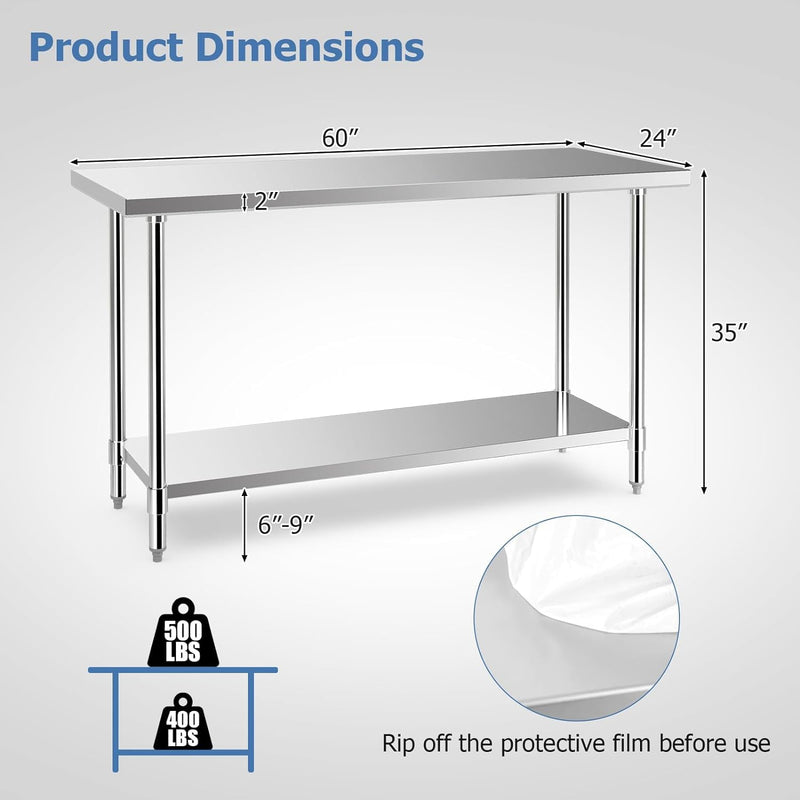 Load image into Gallery viewer, Goplus Stainless Steel Table with Wheels, 60” x 24” Rolling Kitchen Prep Table Work Table with Height Adjustable Under Shelf
