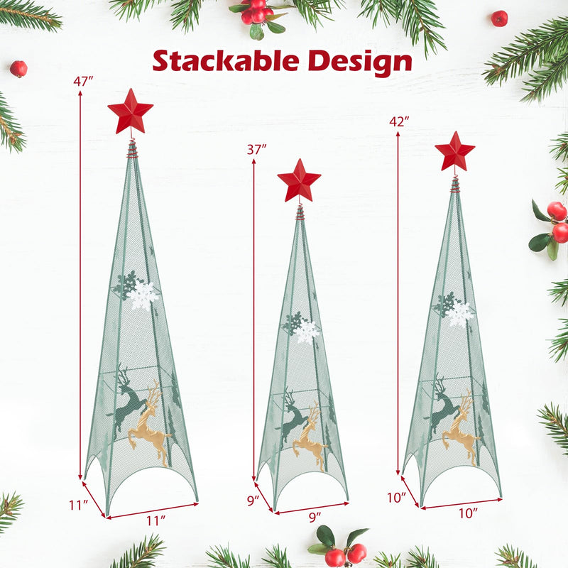 Load image into Gallery viewer, Goplus Set of 3 Tower Shaped Christmas Trees (3ft/3.5ft/4ft), Artificial Xmas Metal Trees with Removable Star Toppers &amp; Reindeer
