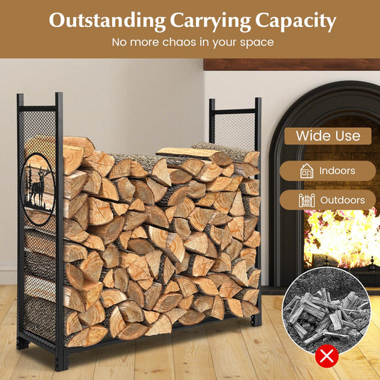 Goplus Firewood Rack Outdoor, 4 FT Metal Log Storage Rack with Mesh Sides & Base