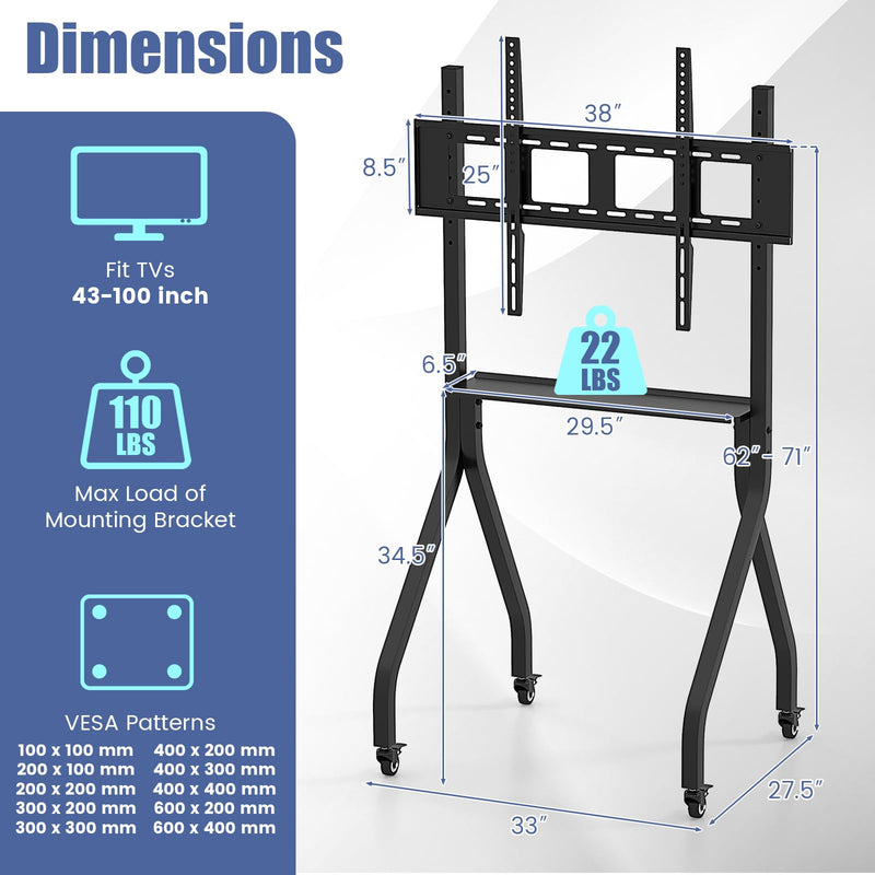 Load image into Gallery viewer, Goplus Mobile TV Stand, Rolling TV Cart for 43”-100” Flat/Curved Screens up to 110 lbs, Max VESA 600 X 400 mm, Black
