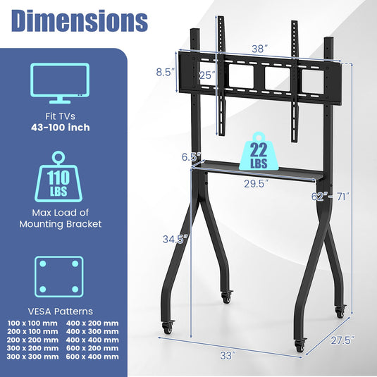 Goplus Mobile TV Stand, Rolling TV Cart for 43”-100” Flat/Curved Screens up to 110 lbs, Max VESA 600 X 400 mm, Black