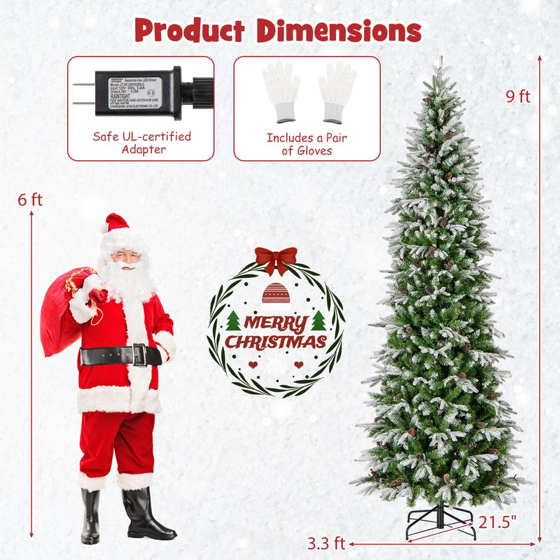 Load image into Gallery viewer, Goplus 9 FT Pre-Lit Pencil Christmas Tree, Artificial Snow Flocked Hinged Fake Slim Xmas Tree with 470 Warm-White LED Lights
