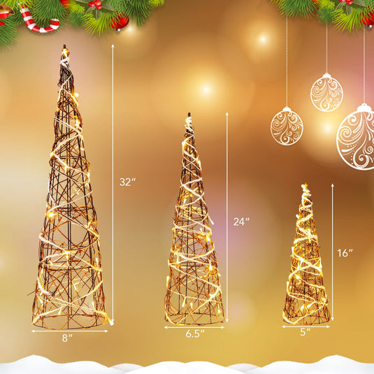 Goplus Set of 3 Large Christmas Cone Trees, 32” 24” 16” Indoor Christmas Trees w/Warm White LED Lights