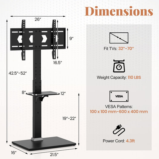 Goplus Floor TV Stand with Power Outlet, Universal TV Stand for 32-70 Inch TVs up to 110 lbs, Tilt & Height Adjustable