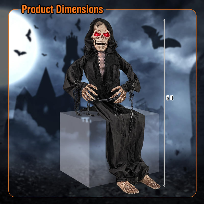 Load image into Gallery viewer, Goplus Halloween Animatronics, Animatronic Sitting Skeleton, Halloween Animated Moving Reaper with Light Up Eyes
