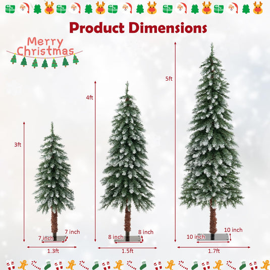 Goplus 3' 4' 5' Pre-Lit Artificial Christmas Tree Set, Slim Pencil Xmas Trees with Snowy Leaves