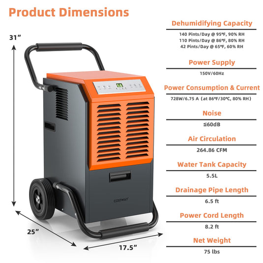 140 pints Commercial Dehumidifier, Industrial Dehumidifier with 1.45 Gallon Water Tank & Drainage Pipe