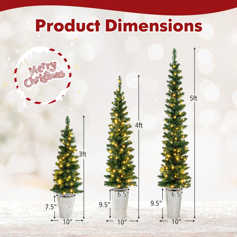 Load image into Gallery viewer, Goplus 3&#39; 4&#39; 5&#39; Pre-Lit Artificial Christmas Tree Set of 3, Slim Pencil Potted Xmas Tree with 423 Branch Tips, 230 Warm White LED Lights
