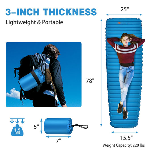 Goplus Inflatable Camping Sleeping Pad, 3 Inch Thick Camping Pad, Waterproof & Comfortable Sleeping Mat