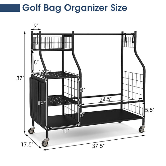 Goplus Golf Bags Storage Garage Organizer, Golf Bag Rack with Lockable Universal Wheels for Golf Clubs