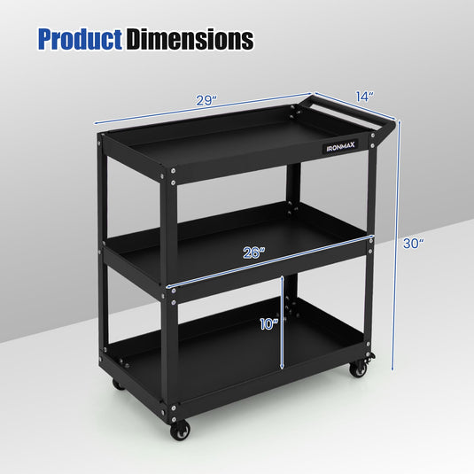 Goplus 3-Tier Utility Cart, Heavy Duty Commercial Service Tool Cart w/3 Spacious Shelves